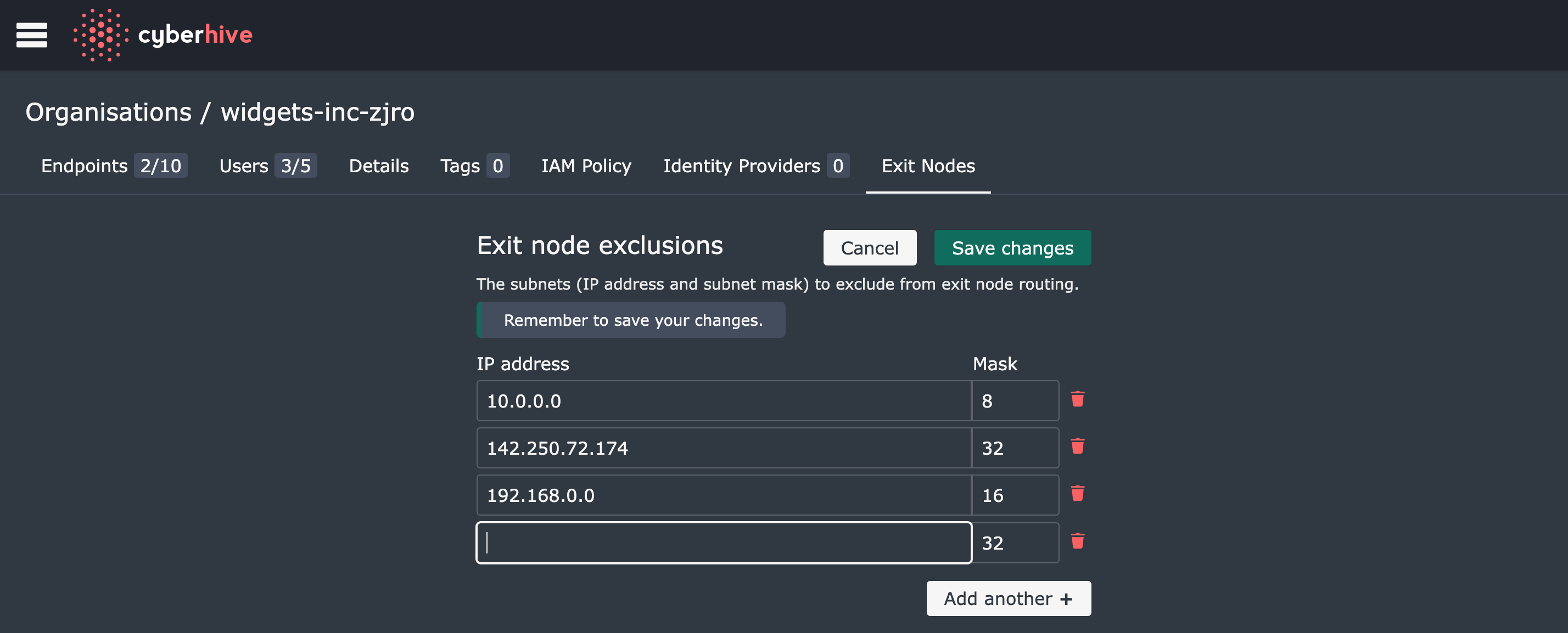 Exit node exclusions editing