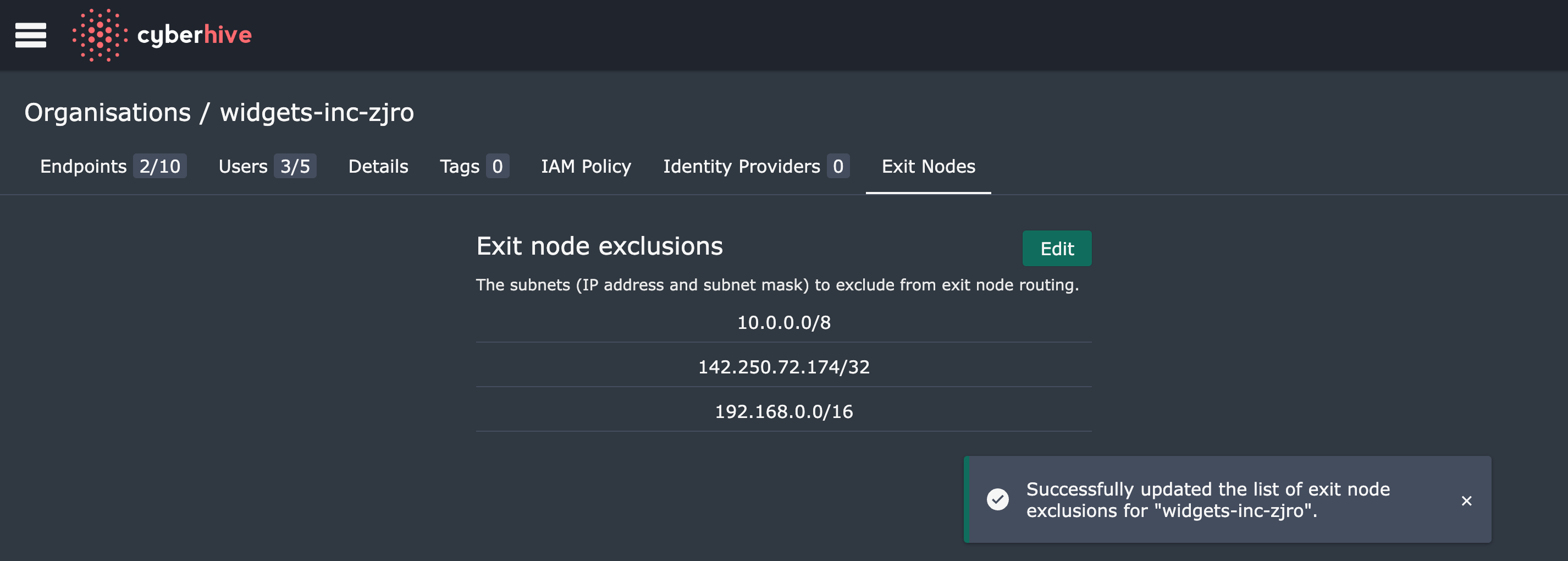 Exit node exclusions saved and read-only