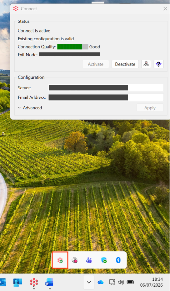 Connect icon in taskbar and Connect UI open